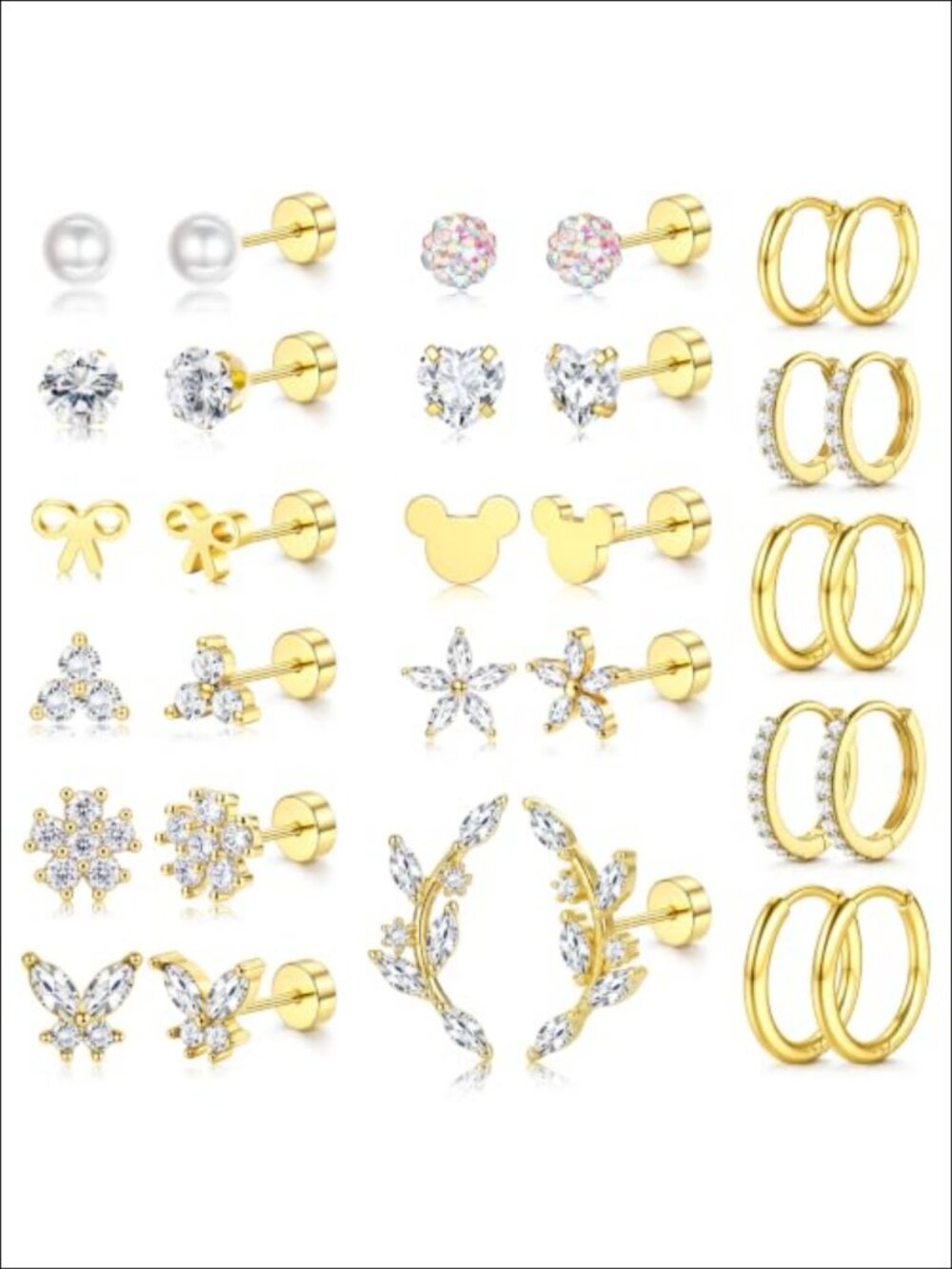 16 Pairs Stud and Hoop Earrings Set 14k Gold Plated Stainless Steel